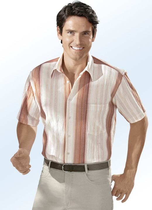 Vrijetijdshemden - Seersucker hemd met mooi strependessin, in Größe 3XL (47/48) bis XXL (45/46), in Farbe ECRU-ZALM-ABRIKOOS-TERRACOTTA GESTREEPT