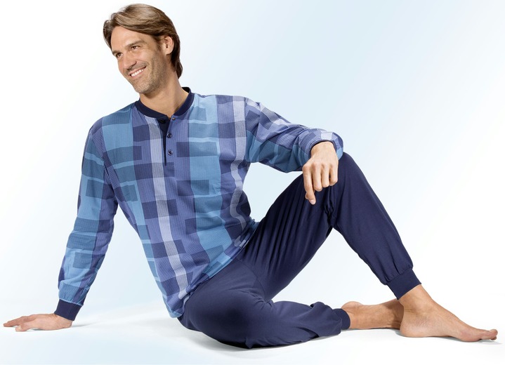 Pyjamas - Pyjama met knoopsluiting, ruitjespatroon en boorden, in Größe 048 bis 068, in Farbe MARINE Ansicht 1