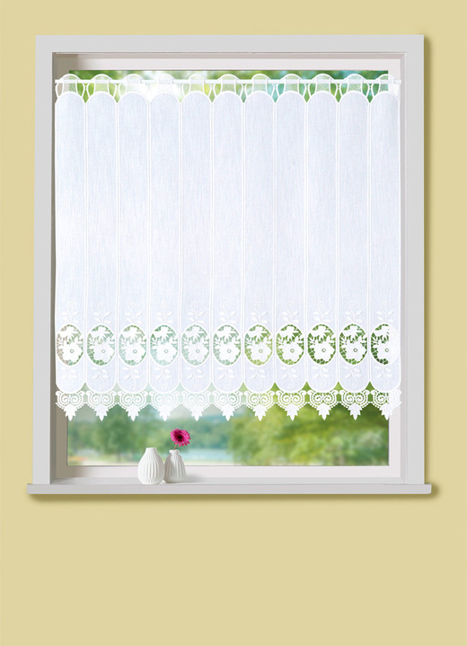 Korte gordijnen - Korte venstervitrage met bloemen en macramé-kant, in Größe 823 (35 x 120 cm) bis 890 (90 x 225 cm), in Farbe WIT Ansicht 1