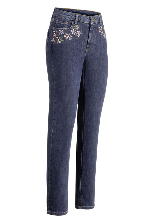 Broek met knoop- en ritssluiting - Jeans met handgeschilderde bloemmotieven, in Größe 017 bis 052, in Farbe DONKERBLAUW Ansicht 1