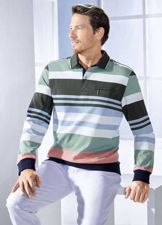 Sweatshirts - Poloshirt met borstzak met ritssluiting, in Größe 046 bis 062, in Farbe LICHT BLAUW-GROEN-ECRU