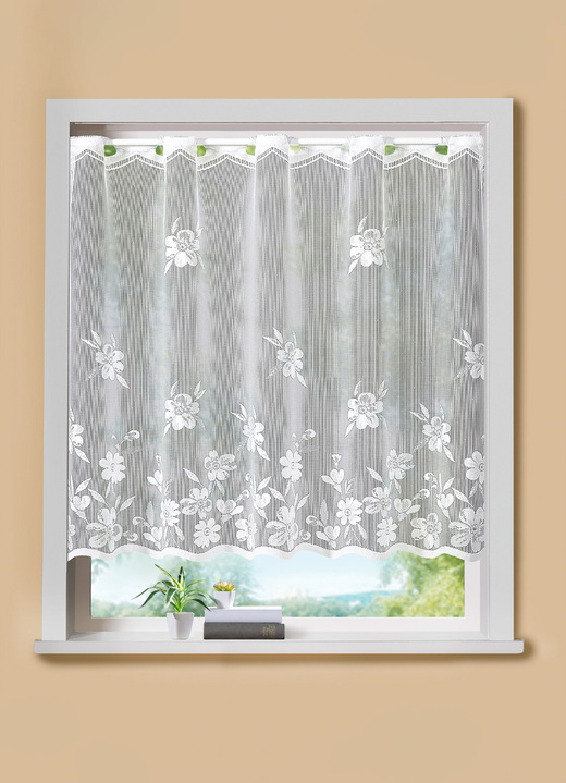 Korte gordijnen - Kleine raamblinde bloemrank met staafdoorgang, in Größe 120 (H 80 x B 100 cm) bis 125 (H 100 x B 150 cm), in Farbe WIT Ansicht 1