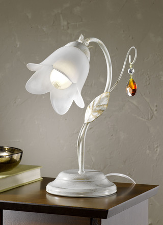Tafellamp met ijzeren frame en glazen lampenkap