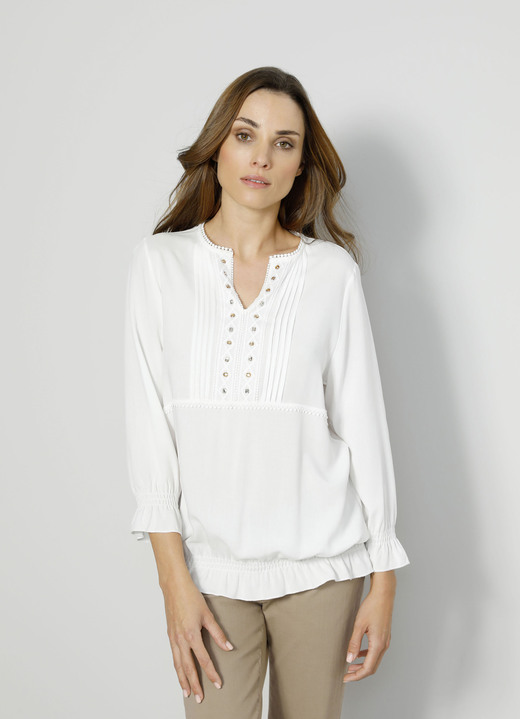 3/4-mouw - Slip-on blouse met ruches, in Größe 038 bis 052, in Farbe WEISS Ansicht 1
