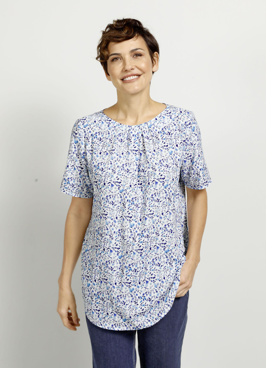 Korte mouw - Slip-on blouse met bloemenprint, in Größe 038 bis 052, in Farbe BLAU-TÜRKIS Ansicht 1