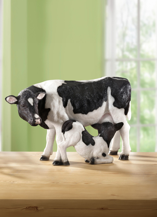 Beeldjes - Handbeschilderde koe met kalf, in Farbe ZWART-WIT