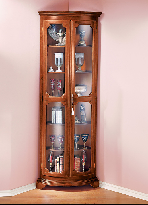 Meubels - Deels massieve hoekvitrine met gebogen glazen deuren met slot, in Farbe OKKERNOOT, in Ausführung klein, 1 deur Ansicht 1