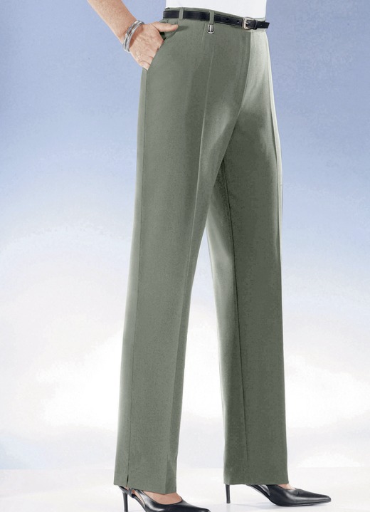 Broek met knoop- en ritssluiting - Comfortabele broek met elastische bandinzet in 6 kleuren, in Größe 019 bis 096, in Farbe OLIJF GEMÊLEERD Ansicht 1