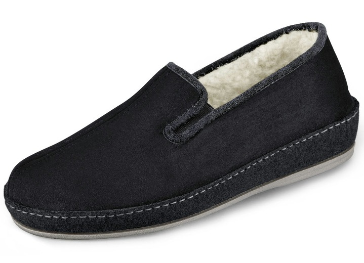 Huisschoenen - Gevoerde herenpantoffels, met nieuwe wol, in Größe 040 bis 046, in Farbe ZWART Ansicht 1