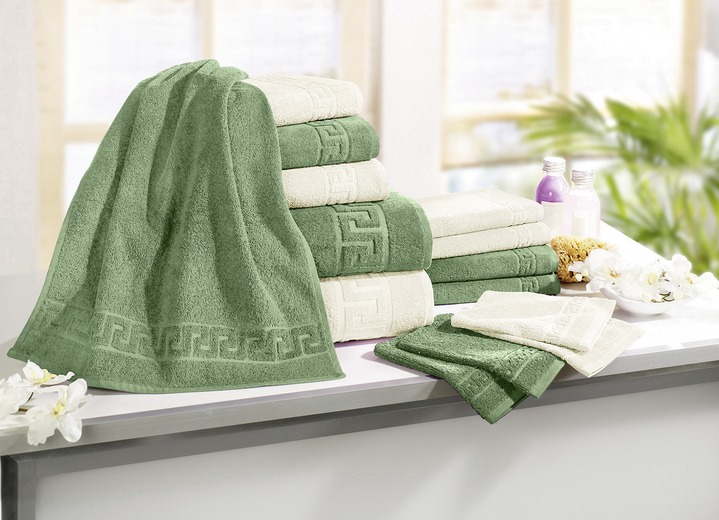 Handdoeken - Badstofserie met meander-jacquardstructuur, in Größe 200 (1 handdoek, 50/90 cm) bis 208 (Voordeelset 14-delig), in Farbe CRÈME Ansicht 1