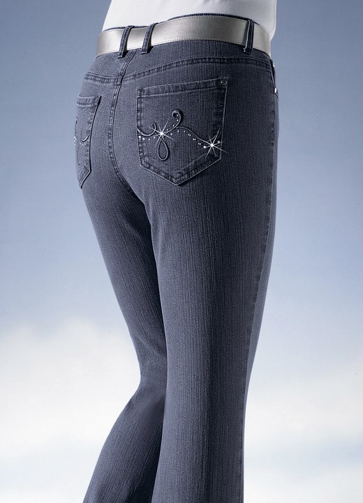 Broek met knoop- en ritssluiting - Jeans versierd met fonkelende strasssteentjes Broek met knoop- en ritssluiting - Jeans versierd met fonkelende strasssteentjes, in Größe 018 bis 088, in Farbe DONKERBLAUW