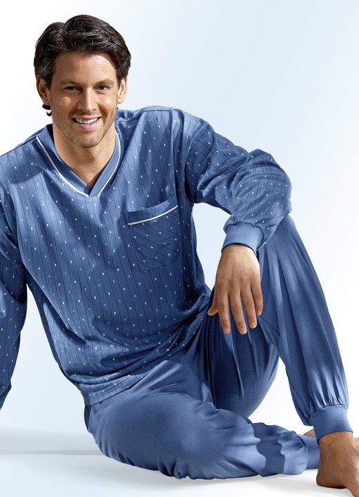 Pyjamas - Pyjama met V-hals en manchetten, in Größe 046 bis 066, in Farbe INDIGO-MEERKLEURIG Ansicht 1