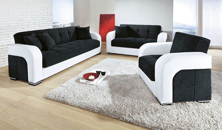 Slaap sofa`s - Functioneel gestoffeerd meubilair gemaakt van hoogwaardig kunstleer, in Farbe WIT-ZWART, in Ausführung Gestoffeerde meubelset, 3-delig Ansicht 1