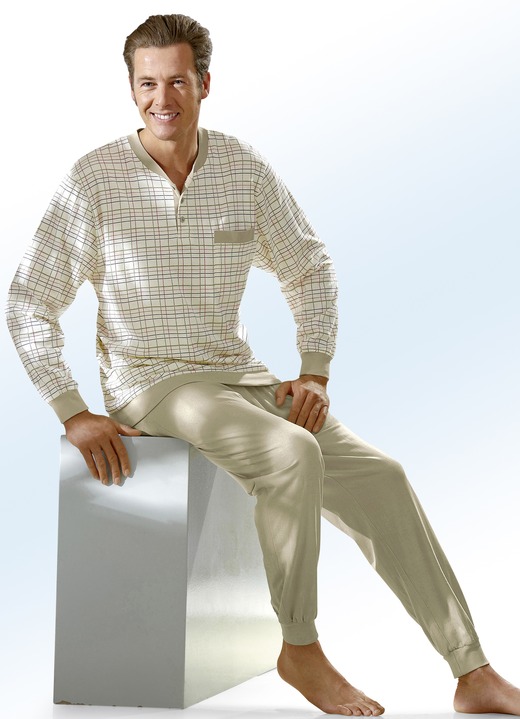 Pyjamas - Pyjama met knoopsluiting en manchetten, in Größe 048 bis 062, in Farbe ECRU-ZAND-MEERKLEURIG