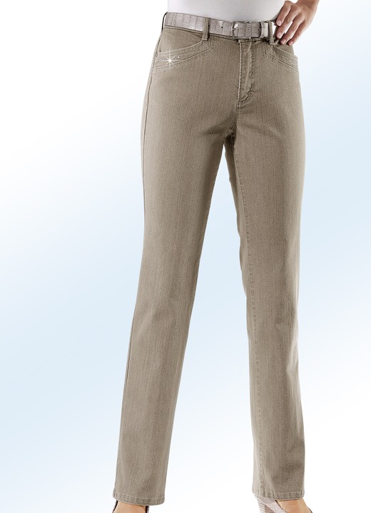 Broeken met knoop- en ritssluiting - Comfort jeans versierd met strass steentjes in 6 kleuren, in Größe 018 bis 054, in Farbe ZAND Ansicht 1