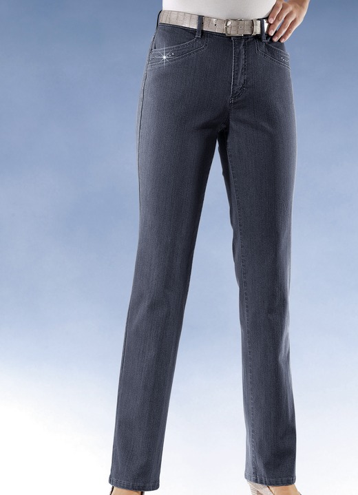 Broeken met knoop- en ritssluiting - Comfort jeans versierd met strass steentjes in 6 kleuren Broeken met knoop- en ritssluiting - Comfort jeans versierd met strass steentjes in 6 kleuren, in Größe 018 bis 054, in Farbe DONKERBLAUW