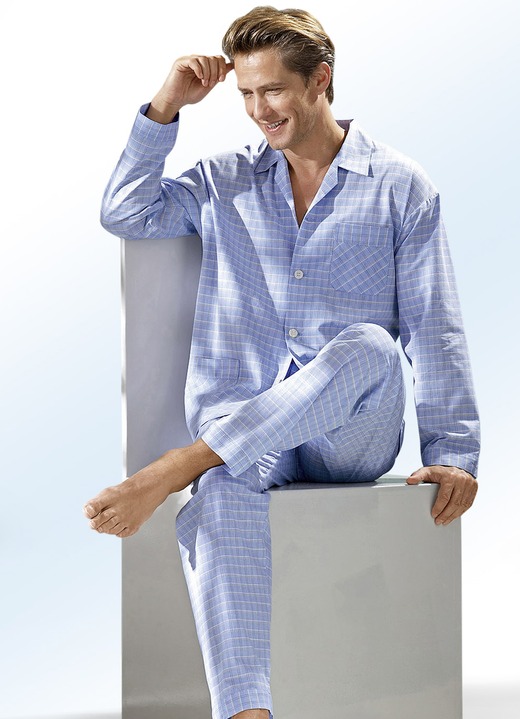Pyjama's - Pyjama, doorknoop, geweven, in Größe 048 bis 060, in Farbe BLAUW GERUIT Ansicht 1