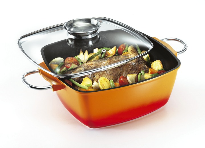 Braad- & ovenschotels - Extra hoge braadpan van gegoten aluminium van King met antiaanbaklaag, in Farbe ORANJE, in Ausführung Hoekpan 20 x 20 cm Inhoud 3 liter Ansicht 1