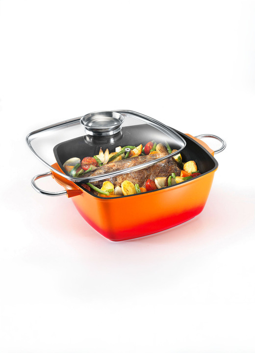 Braad- & ovenschotels - Extra hoge braadpan van gegoten aluminium van King met antiaanbaklaag, in Farbe ORANJE, in Ausführung Hoekpan 20 x 20 cm Inhoud 3 liter Ansicht 1