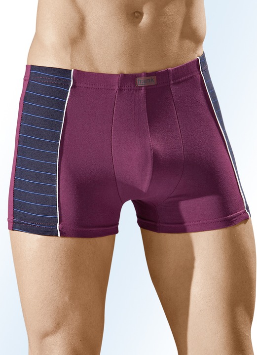 Pants & boxershorts - Set van vier fijne jersey broeken met een elastische tailleband, in Größe 005 bis 011, in Farbe 1X BORDEAUX-MARINE-MEERKLEURIG, 1X UNI BORDEAUX, 1X MARINE-ROOKBLAUW-MEERKLEURIG, 1X UNI MARINE