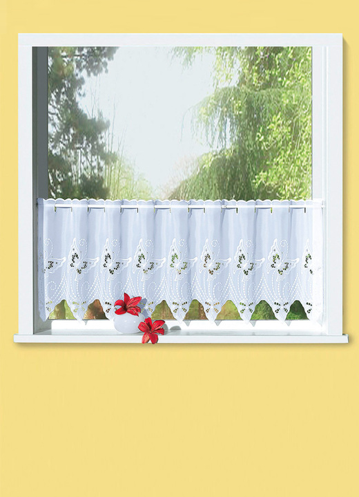 Korte gordijnen - Hoogwaardige korte vitrage met plauener kant, in Größe 790 (45 x 148 cm) bis 894 (100 x 150 cm), in Farbe WIT Ansicht 1