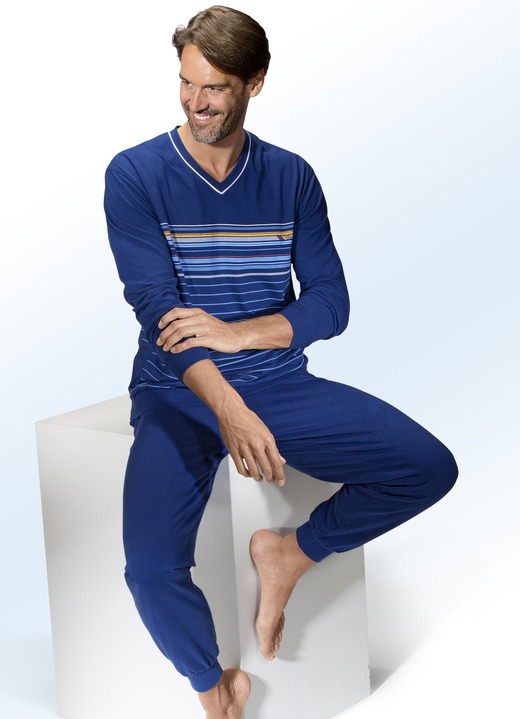 Pyjamas - Pyjama met V-hals en stretchband, in Größe 048 bis 062, in Farbe INDIGO-MEERKLEURIG