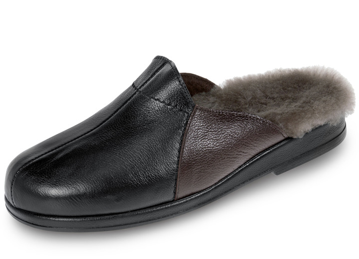 Huisschoenen - Gevoerde herenpantoffels met lamsvacht, in Größe 040 bis 049, in Farbe ZWART-MOKKA Ansicht 1