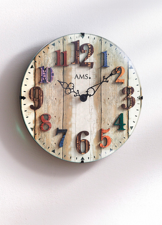 Horloges - AMS wandklok met wijzerplaat in plankenlook, in Farbe