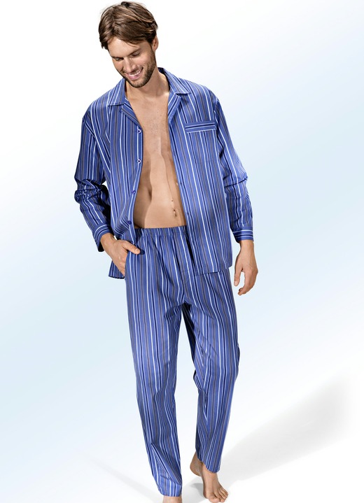 Pyjama's - Pyjama, doorgeknoopt, gemaakt van geweven stof met een gestreept dessin, in Größe 046 bis 060, in Farbe JEANSBLAUW-MEERKLEURIG Ansicht 1