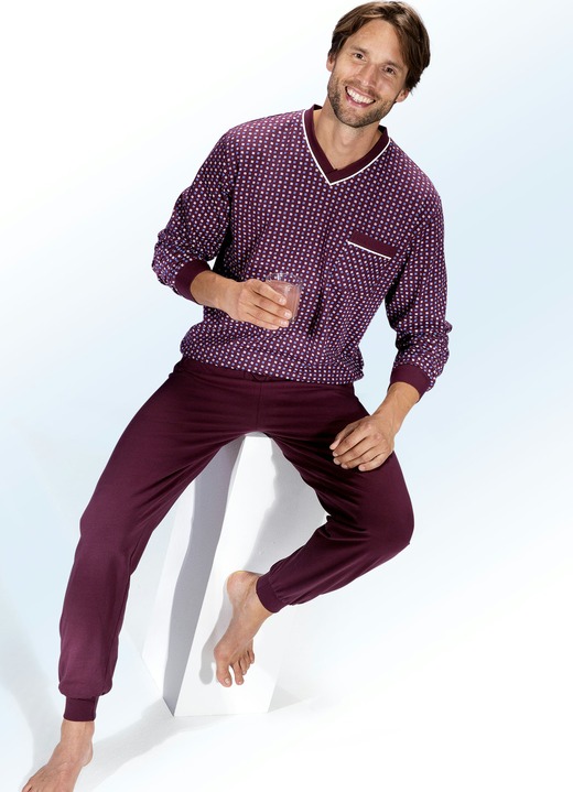 Pyjamas - Pyjama, met V-hals en ribboorden, in Größe 048 bis 066, in Farbe KASTANJE-MULTICOLOR