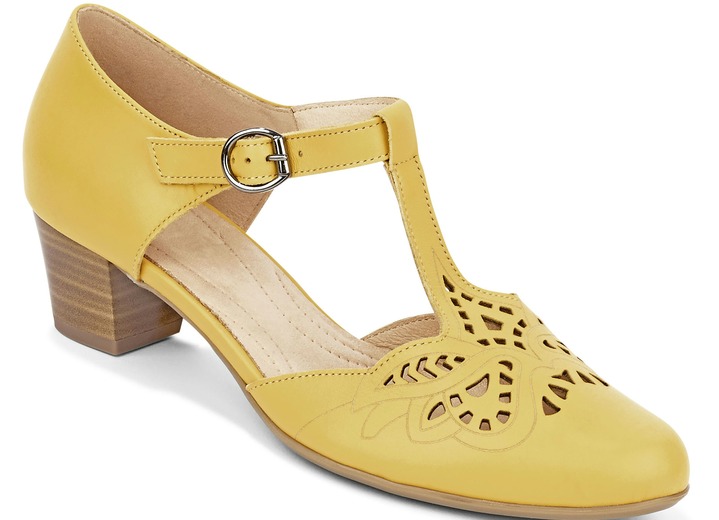 - Sandalenpumps van het beste kalfsnappaleer, in Größe 3 1/2 bis 8, in Farbe GEEL