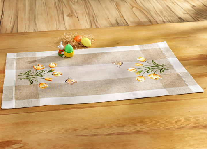 Woontextiel - Tafel- en kamerdecoratie met tulpen en vlinders, in Größe 102 (Loper, 40/85 cm) bis 404 (Kussensloop, 40/40 cm), in Farbe SEKT Ansicht 1