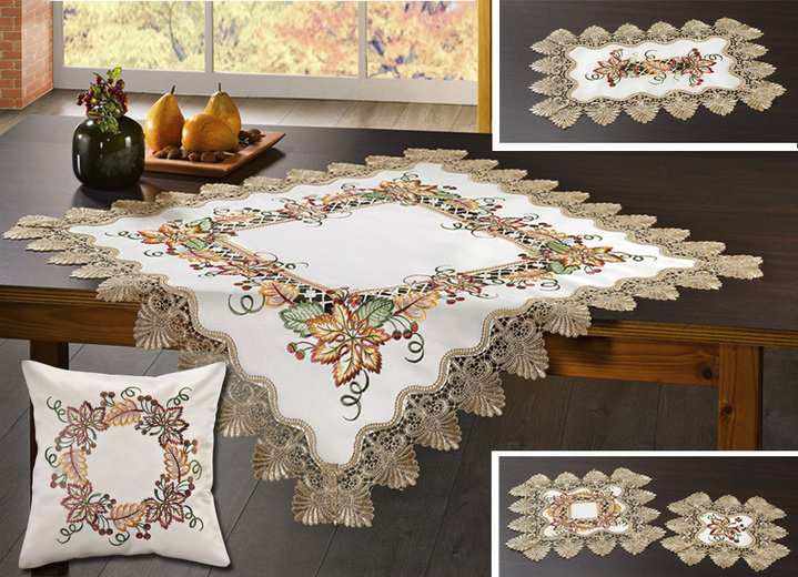 Woonaccessoires - Rijkelijk vervaardigde accessoires met rijke blad- en rankversieringen, in Größe 101 (Kleedje, 35/50 cm) bis 404 (kussensloop, 40/ 40 cm), in Farbe ECRU