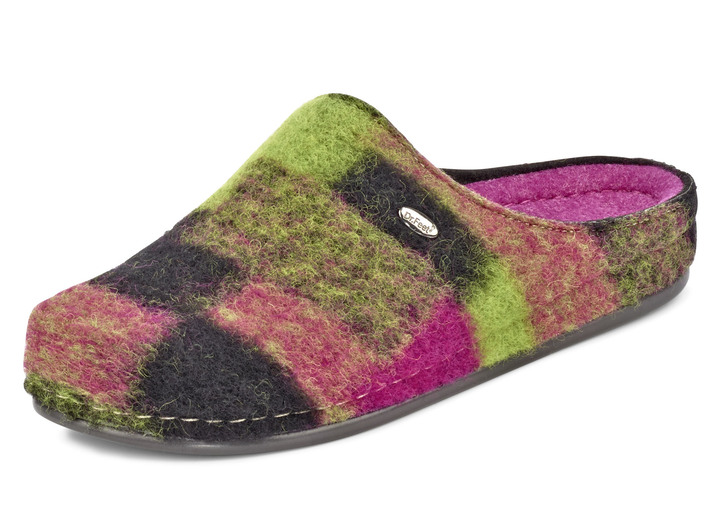 Huisschoenen - Pantoffels van pluizige, kleurrijke wollen stof, in Größe 036 bis 042, in Farbe ROZE-KIWI