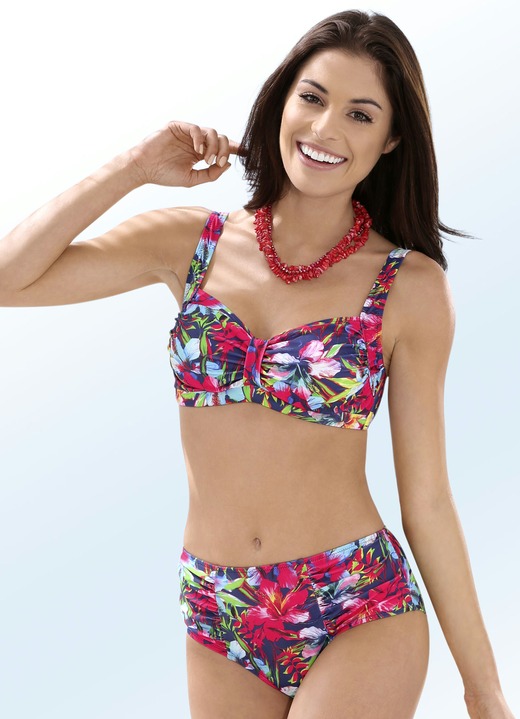 Bikini's - Bikini met uitneembare softcups, sierlussen en een allover-print, in Größe 036 bis 050, in Cup B, in Farbe ROOD-MEERKLEURIG Ansicht 1