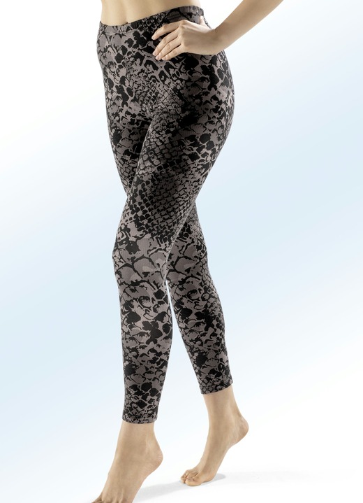 - Set van twee comfortabele leggings met elastische tailleband, in Größe L (44/46) bis XXL (52/54), in Farbe 1X TAUPE-ZWART BEDRUKT, 1X ZWART Ansicht 1