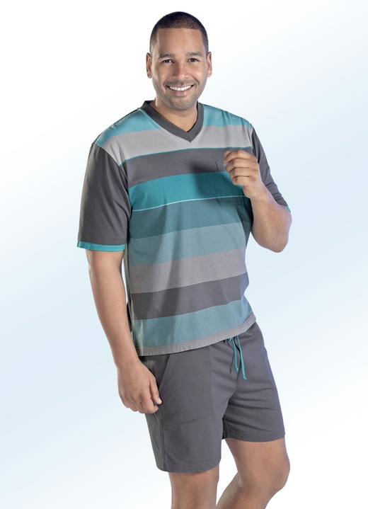 Shorties - Hajo Klima comfort shorty met V-hals en garengeverfd gestreept dessin, in Größe 046 bis 060, in Farbe GRIJS-TURQUOISE Ansicht 1
