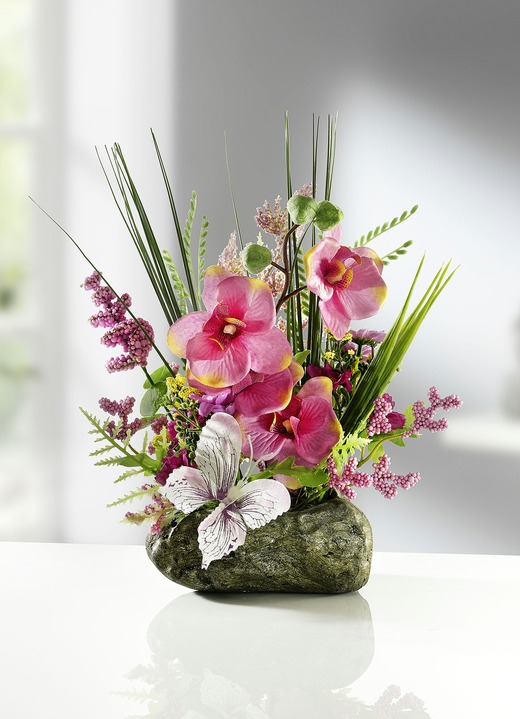 Kunst- & textielplanten - Orchidee arrangement op steen, in Farbe ROSA