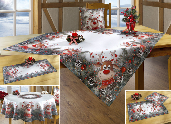 Woontextiel - Tafel- en raamdecoratie met grappig elandmotief, in Größe 130 (2 kleedjes, 30/30 cm) bis 404 (Kussensloop, 40/40 cm), in Farbe WIT