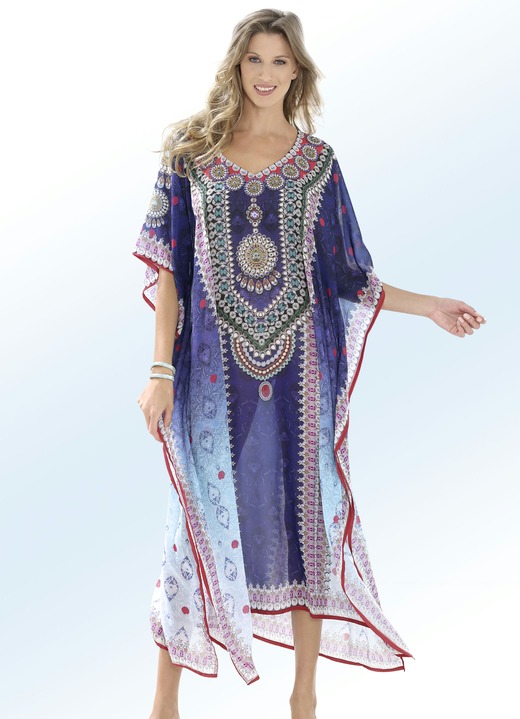 Strandjurken - Kaftan met siersteentjes, in Größe 1 (36-42) bis 3 (50-54), in Farbe MEERKLEURIG