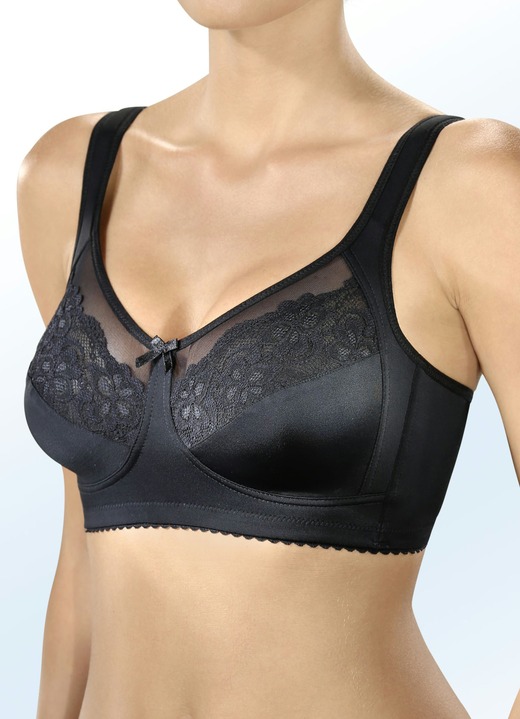 Damesondergoed - Mooi gevormde bh met elastische kant en tule in de bovencups, in Größe 080 bis 100, in Cup E, in Farbe ZWART Ansicht 1