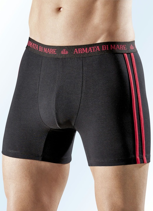 Pants & boxershorts - Set van vier broeken, effen met contrasterende strepen, in Größe 005 bis 011, in Farbe 2X ZWART-ROOD, 2X UNI ZWART Ansicht 1