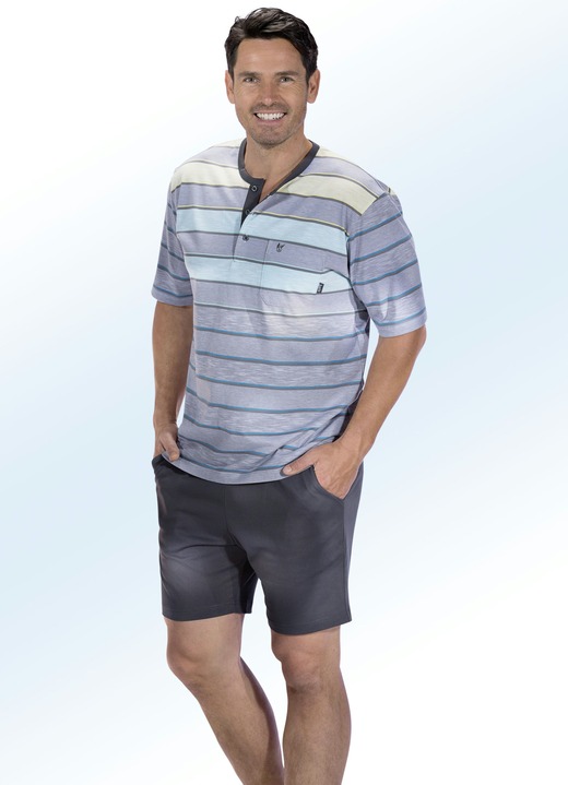 - Hajo ademende comfort shortama met garengeverfd streepmotief, knoopsluiting, borstzakje, in Größe 046 bis 062, in Farbe GRAFIET-MEERKLEURIG