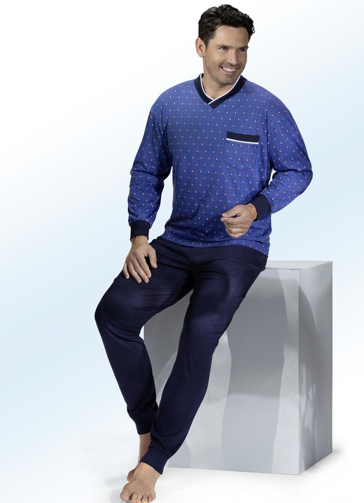 Pyjamas - Pyjama met V-hals, borstzak en manchetten aan de mouwen, in Größe 048 bis 066, in Farbe BLAUW-MARINE