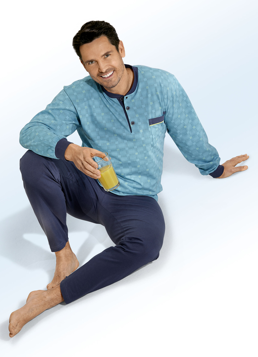 Pyjamas - Pyjama met knoopsluiting en opgezet borstzakje, in Größe 048 bis 064, in Farbe TURQUOISEGROEN-GRIJS
