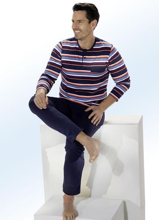 Pyjamas - Set van twee pyjama's met knoopsluiting en garengeverfd gestreept dessin, in Größe 046 bis 062, in Farbe 1X BLAUW-ORANJE, 1X GRIJS-MINT Ansicht 1