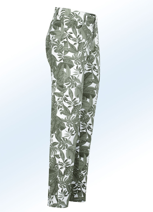SALE - Broek in trendy bladdessin, in Größe 017 bis 052, in Farbe OLIJF-WIT Ansicht 1