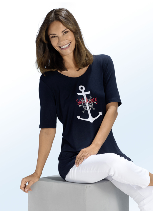Shirts met strass steentjes - Shirt met maritieme borduurapplicatie in 2 kleuren, in Größe 038 bis 056, in Farbe MARINE Ansicht 1