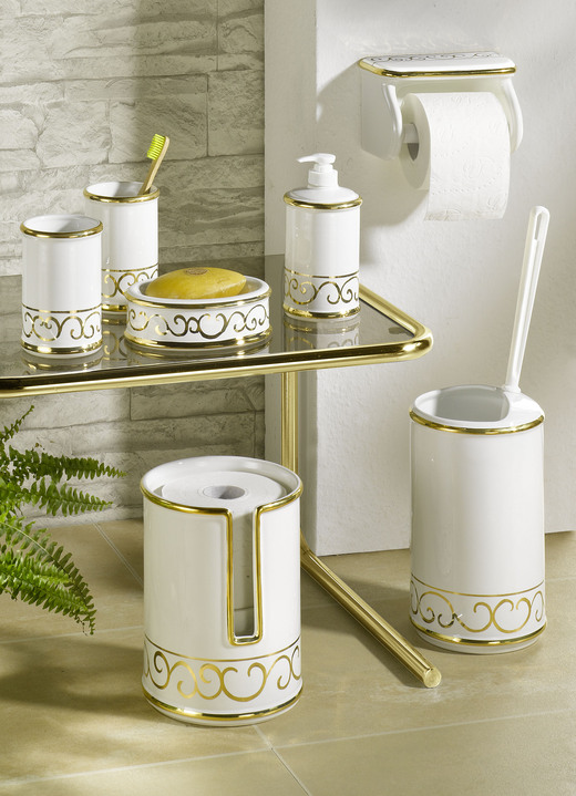 Badkamer-accessories - Handgeschilderde badkameraccessoires van geglazuurd keramiek, in Farbe CRÈME-GOUD, in Ausführung Zeepbakje