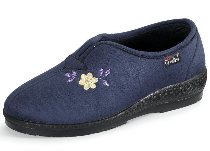 Huisschoenen - Klassieke damespantoffels, breedte H, met borduursel, in Größe 036 bis 041, in Farbe MARINE Ansicht 1